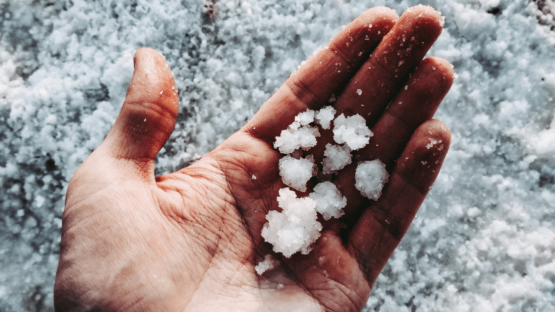 Hail in a person's hand